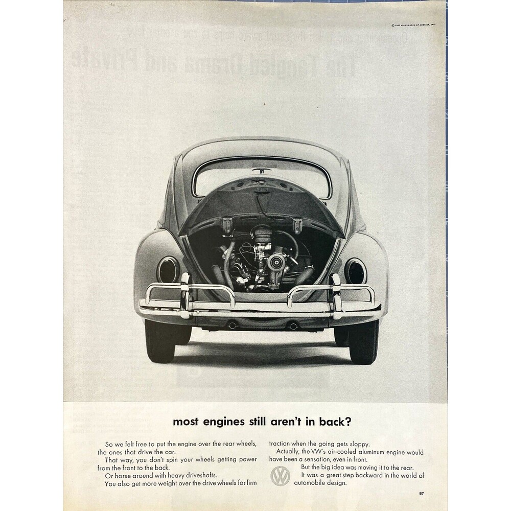 Volkswagen "Most engines still aren't in back?" Two Page Vintage Print Ad 1963